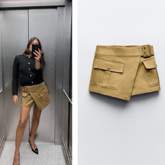 Zara neutral Beige Khaki Tan Cargo Skort Pockets Viral Short Skirt size M - Picture 2 of 12